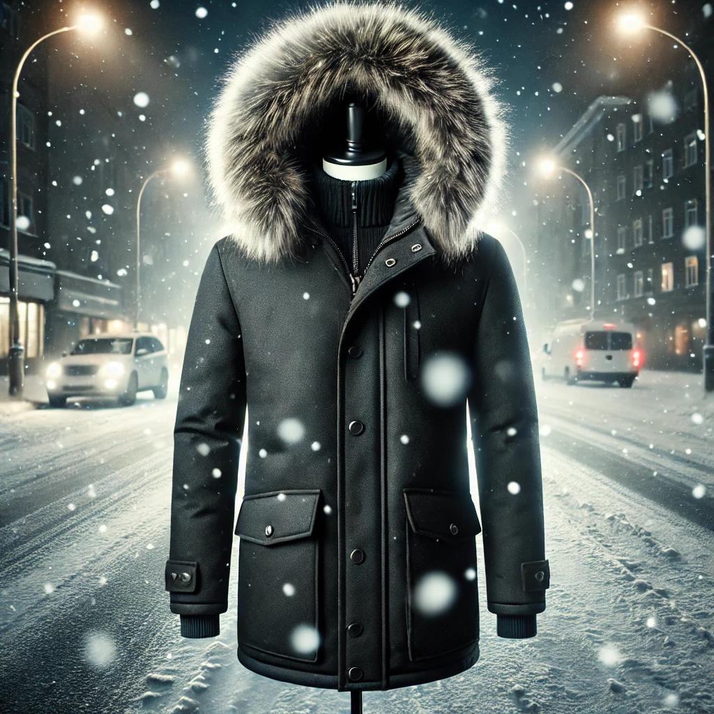 Luxurious real grizzly bear fur coat displayed on a mannequin in a winter setting.d