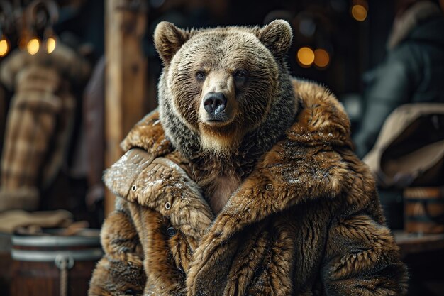 Luxurious real grizzly bear fur coat displayed on a mannequin