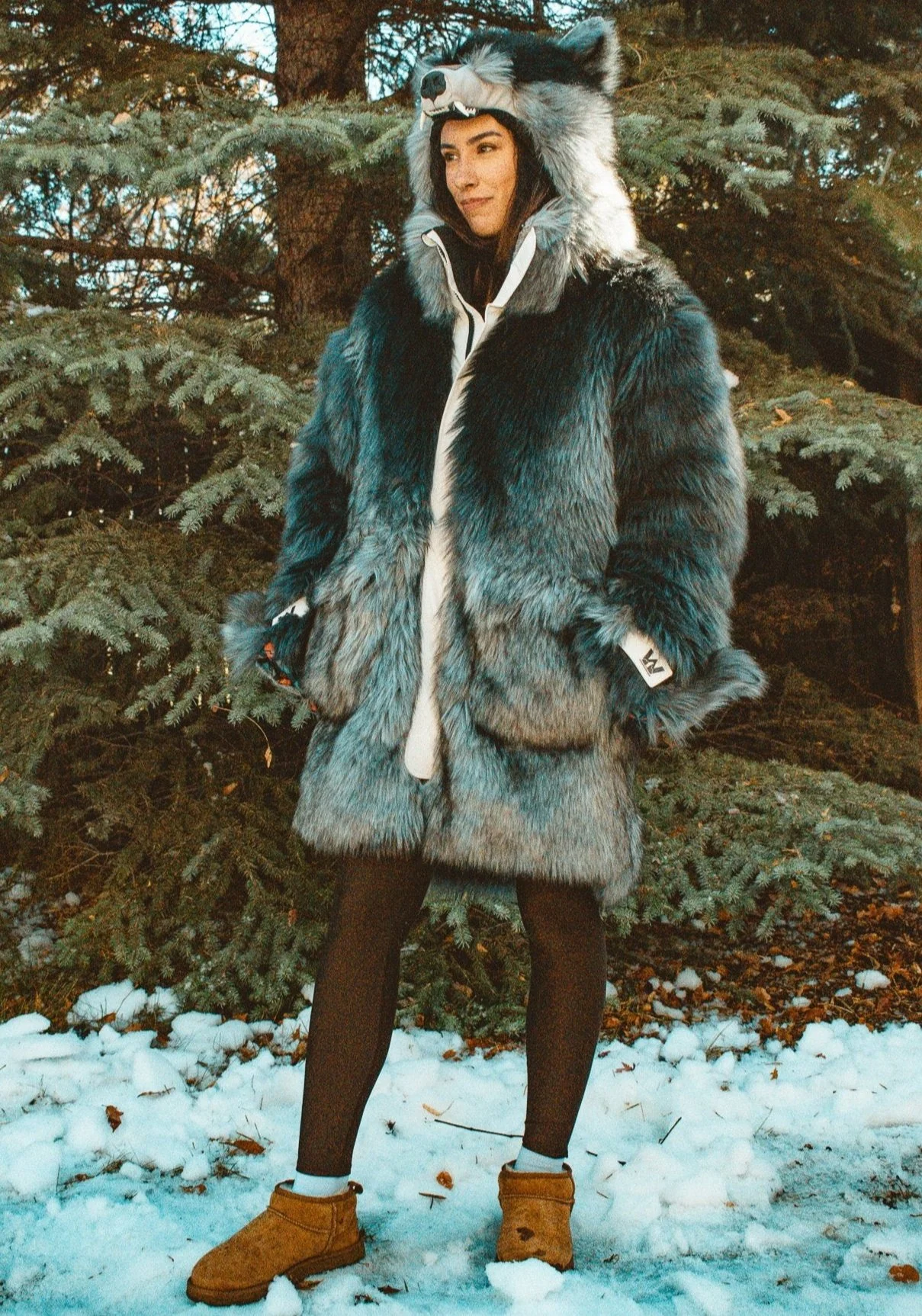 Wolf Print Parka with Fur Trim